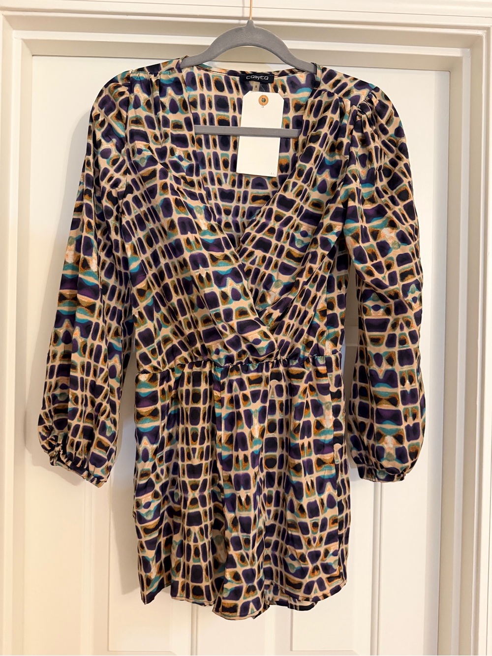 Geometric Wrap Romper in Cream, Purple, Black & Teal